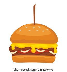 Burger served in restaurant or diner fastfood vector isolated meal with fresh ingredients melt cheese, and meat bread with salad snack and tomato hamburger appetizer street food flat style snack