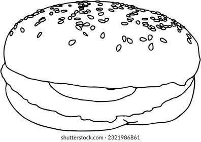 Burger with sesame cutlet and tomato fast food doodle linear cartoon coloring