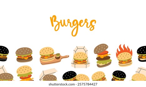 Burger set banner. Takeaway snack. Beef burger, hamburger, veggie burger, cheeseburger. Vector illustration.