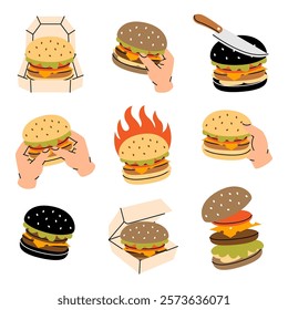 Burger set. Beef burger, hamburger, veggie burger, cheeseburger. Hand drawn elements for cafe menu, restaurants. Vector illustration.