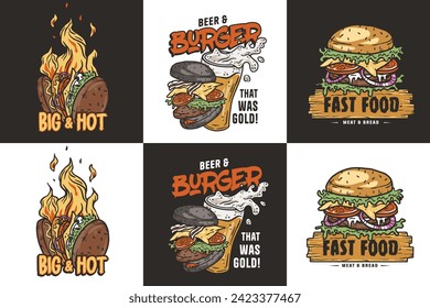 Burger set with a glass of beer for logo of fast food vector illustration. American food or hamburger collection for restaurant or cafe.