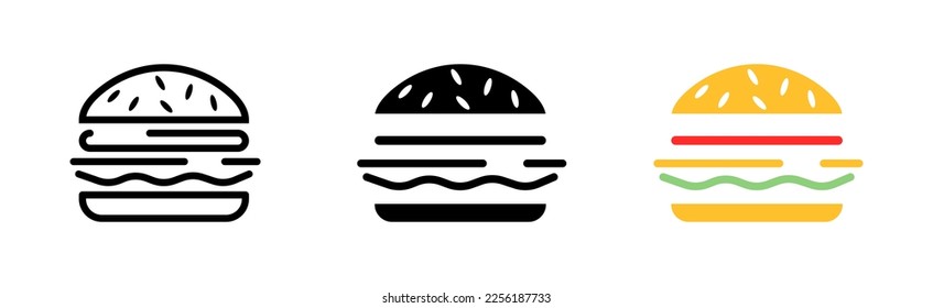 Burger set icon. Fast food, junk, street, eat, tasty, tasty, high calorie. Eating concept. Vector icon in line, black and colorful style on white background