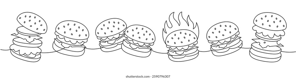 Burger set one line continuous drawing. Beef burger, hamburger, veggie burger, cheeseburger. Hand drawn elements for cafe menu, restaurants.