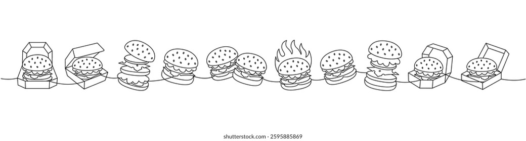 Burger set one line continuous drawing. Traditional American fast food. Hand drawn elements for cafe menu, restaurants.