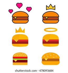 Burger set, vector icon, logo, mark, symbol design illustration on white background. Can be used for restaurant, cafe fast food.