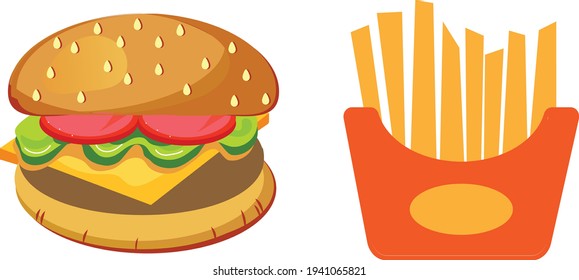 Vektorgrafik mit Burger-Set. Käseseburger und Pommes frites einzeln auf weißem Hintergrund. Fast Food Hamburger Dinner und Restaurant, leckeres Festessen. 
Vektorgrafik EPS10
