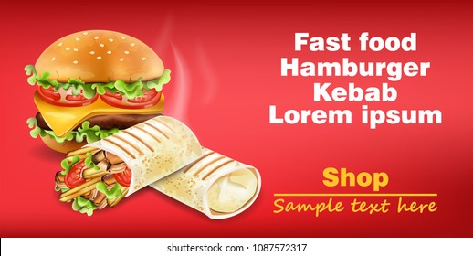 Burger and Shawarma Kebab fast food Vector. Detailed illustrations