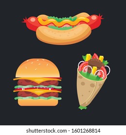 Burger, shawarma kebab and hot dog Vector illustration, Fast Food set collections, isolated on a background