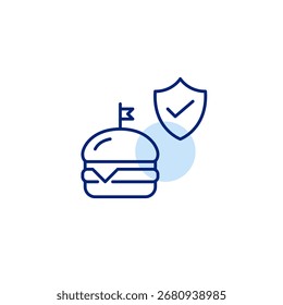 Hamburguesa, escudo y marca de verificación. Seguridad del producto verificada, contenido certificado, servicio de restaurante de confianza, ingredientes aprobados. Icono de Vector de trazo perfecto y editable