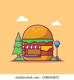 Burger Shop Cartoon Vector Icon Illustration. Fast Food Building Icon Concept Isolated Premium Vector. Flat Cartoon Style