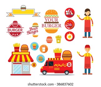 Burger Shop Design Elements, Store, Truck, Seller, Cartoon, Icons, Logo