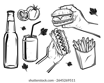 Burger shop elements print set, hand holding hamburger and another hand holding hot dog with fries, soda and beer in woodcut style