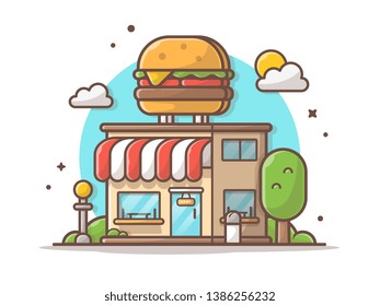 Burger Shop Fast Food Restaurant Building with Burger, Clouds and Tree Vector Icon Illustration. Flat Cartoon Style Suitable for Web Landing Page,  Banner, Flyer, Sticker, Wallpaper, Card, Background