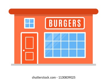 Burger shop icon, symbol, store. The facade of the building in cartoon or flat style. Sign of the house is orange color. Stylish colour image. Vector illustration isolated on white background.