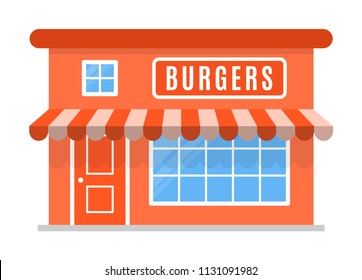 Burger shop icon, symbol, store. The facade of the building with awning in flat style. Sign of the house is orange color. Stylish cartoon image. Vector illustration isolated on white background.