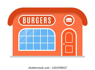 Burger shop icon, symbol, store, market. Vector illustration isolated on white background. The facade of the building in flat style. Sign of the house is red color. Stylish cartoon image