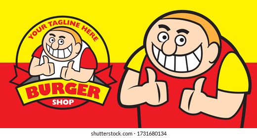 Burger shop signage with shop name. Cartoon smiling fat man with big teeth show 2 big thumb ups mascot character - Vector character