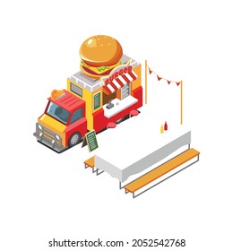 burger shop street food truck isometric vector illustration design