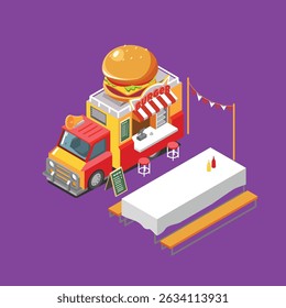 hambúrguer loja rua comida caminhão isométrica vetor ilustração