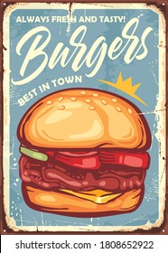 Burger Sign Design In Retro Style Made For Restaurants And Fast Food Stores. Vector Vintage Illustration. 