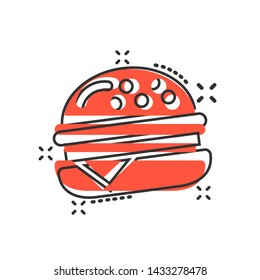Burger sign icon in comic style. Hamburger vector cartoon illustration on white isolated background. Cheeseburger business concept splash effect.