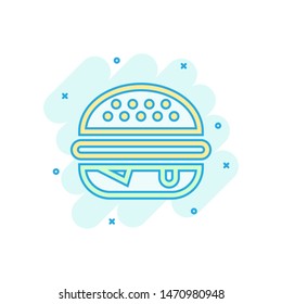 Burger sign icon in comic style. Hamburger vector cartoon illustration on white isolated background. Cheeseburger business concept splash effect.