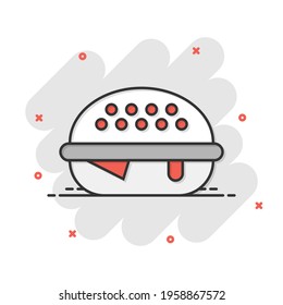 Burger sign icon in comic style. Hamburger vector cartoon illustration on white isolated background. Cheeseburger business concept splash effect.