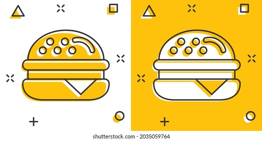 Burger sign icon in comic style. Hamburger vector cartoon illustration on white isolated background. Cheeseburger business concept splash effect.