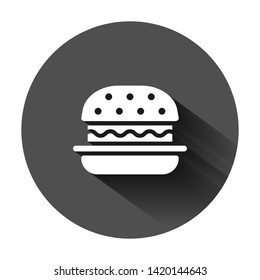 Burger sign icon in flat style. Hamburger vector illustration on black round background with long shadow. Cheeseburger business concept.