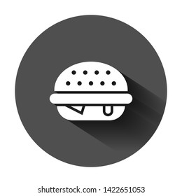 Burger sign icon in flat style. Hamburger vector illustration on black round background with long shadow. Cheeseburger business concept.