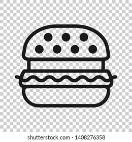 Burger sign icon in transparent style. Hamburger vector illustration on isolated background. Cheeseburger business concept.