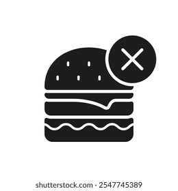 Icono De Silueta De Hamburguesa Con Signo Cruzado, Sin Comida Chatarra Y Opciones De Alimentación Saludable. Prohibición De La Comida Rápida Poco Saludable. Ilustración vectorial aislada.