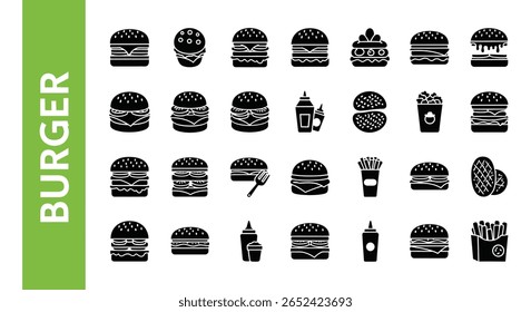 Ícone da silhueta do hambúrguer: Fast food, hambúrguer e sanduíche preto vetor