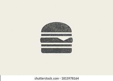 Burger silhouette as logo fast food service hand drawn stamp effect vector illustration. Vintage grunge texture on background for packaging and fast food restaurant menu design or label decoration