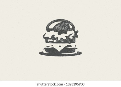 Burger silhouette as logo fast food service hand drawn stamp effect vector illustration. Vintage grunge texture on background for packaging and fast food restaurant menu design or label decoration