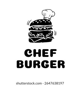Silhueta de hambúrguer com camadas de derretimento e um chapéu de chef, rotulado ideal para menus, branding, adesivos ou humor foodie