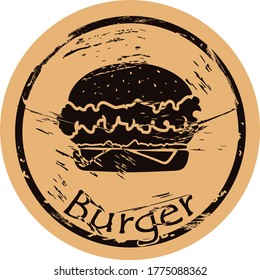 Burger silhouette vector round shabby emblem flat design, old retro style. Junk food hamburger shape grunge sign. Traditional fast food logo stamp on craft paper. Street food icon for web design.