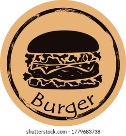 Burger silhouette vector round shabby emblem flat design, old retro style. Junk food hamburger shape grunge sign. Traditional fast food logo stamp on craft paper. Street food icon for web design.