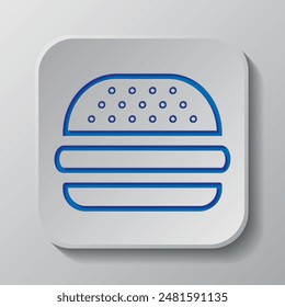 Burger simple icon, vector. Flat design. Paper cut design. Cutted blue symbol with shadow. Gray badge button, gray background.ai
