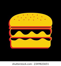 Simple señal de hamburguesa. Icono Amarillo extruido 3D con los lados rojos un fondo negro. Ilustración.