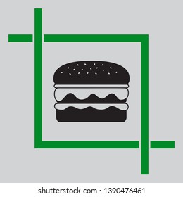 Burger simple sign. Black icon inside green crop tool at light gray background