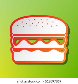 Burger simple sign. Contrast icon with reddish stroke on green backgound.