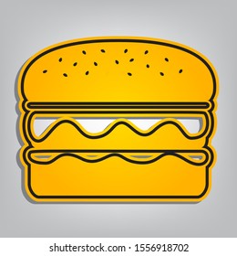 Burger simple sign. Flat orange icon with overlapping linear black icon with gray shadow at whitish background. Illustration.