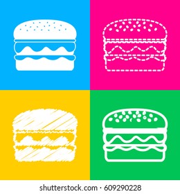 Burger simple sign. Four styles of icon on four color squares.
