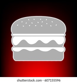 Burger simple sign. Postage stam or old photo style on red-black gradient background.