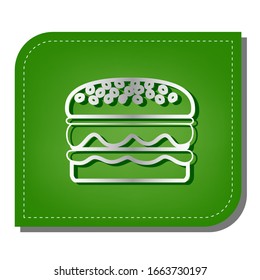 Burger simple sign. Silver gradient line icon with dark green shadow at ecological patched green leaf. Illustration.