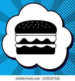 Burger simple sign. Vector. Black icon in bubble on blue pop-art background with rays.