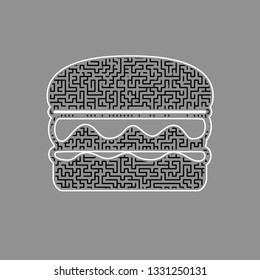 Burger simple sign. Vector. Black maze filled icon with white border at gray background.
