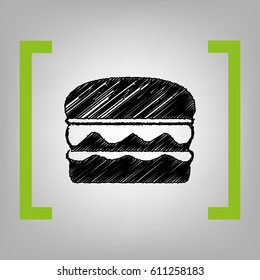 Burger simple sign. Vector. Black scribble icon in citron brackets on grayish background.