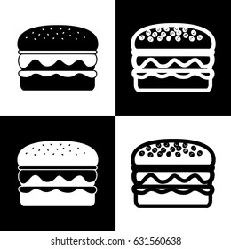 Burger simple sign. Vector. Black and white icons and line icon on chess board.